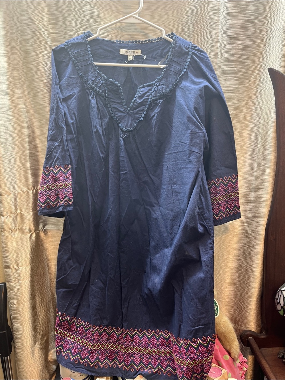 Umgee Navy Tunic with Pink & Purple Geometric Embroidery